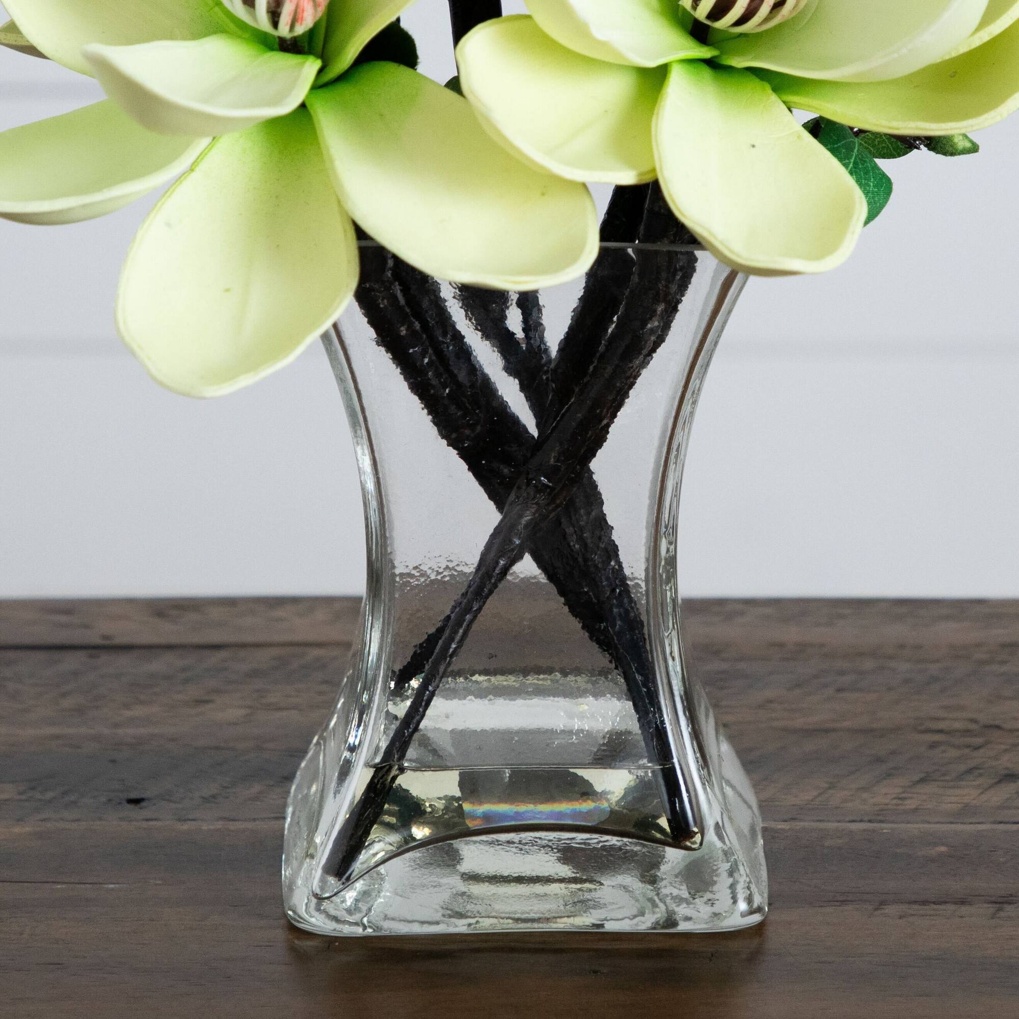 15" White Magnolia Arrangement with Glass Vase